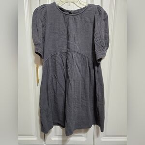Bluish Gray Puff Sleeve Cotton Dress